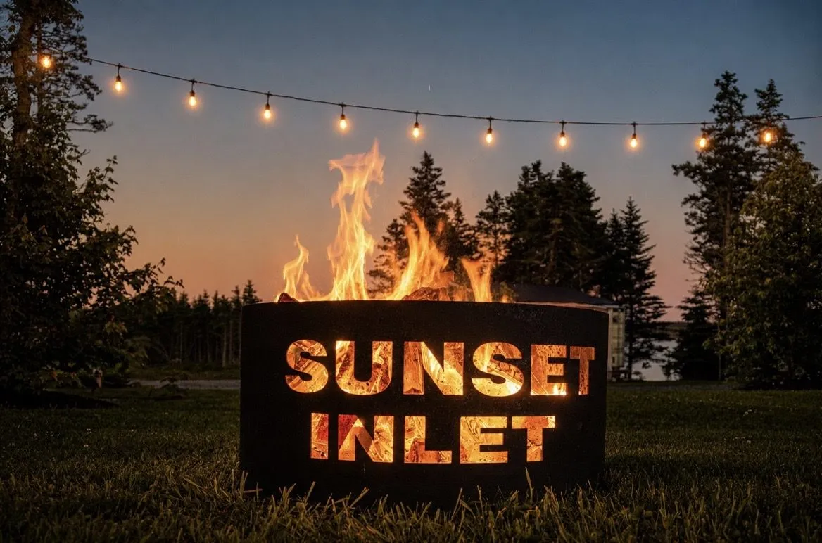 A blazing fire ring cut with the words Sunset Inlet glows under string lights at dusk, with spruce trees and the inlet beyond.