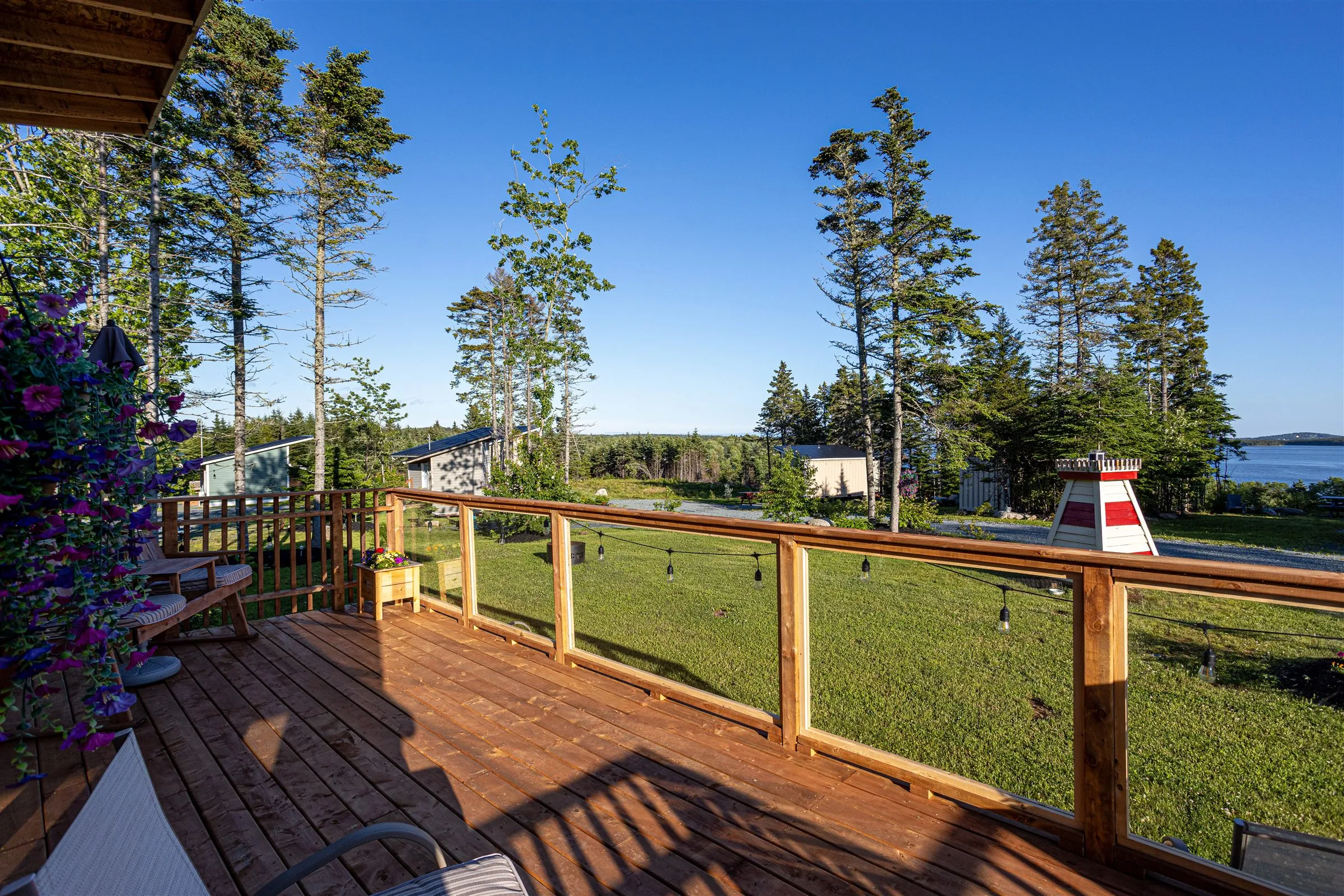 View from the clubhouse patio over the lawn to Chezzetcook Inlet.